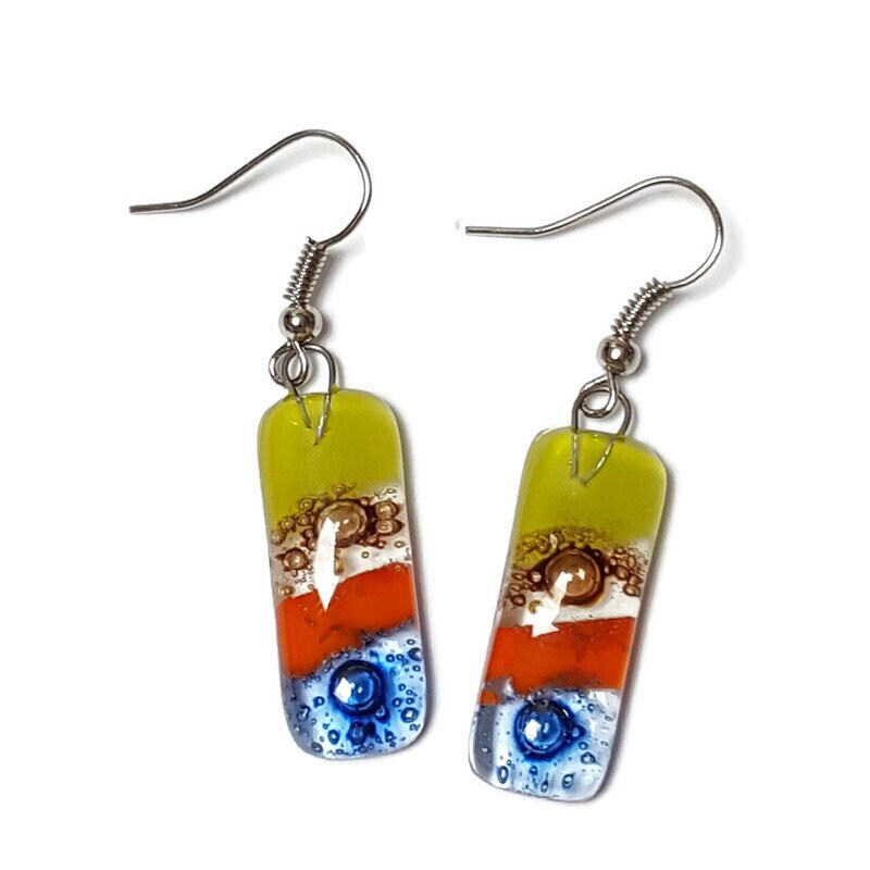 Small bar rectangle Dangle Earrings Recycled Glass. Fused drop Glass blue, brown, light green and orange coloful drop earrings.