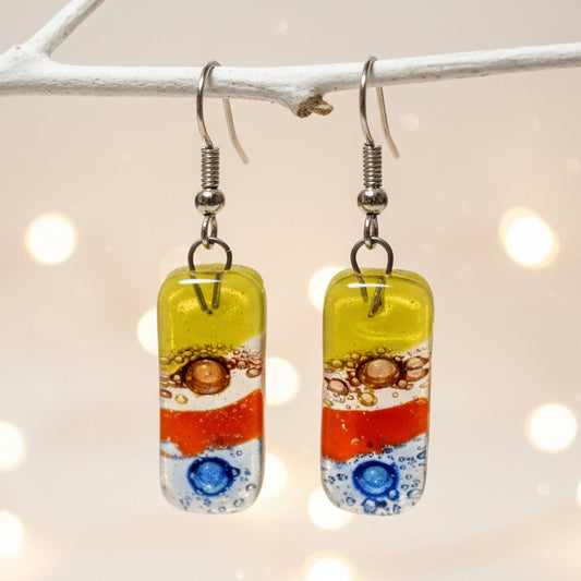 Small bar rectangle Dangle Earrings Recycled Glass. Fused drop Glass blue, brown, light green and orange coloful drop earrings.
