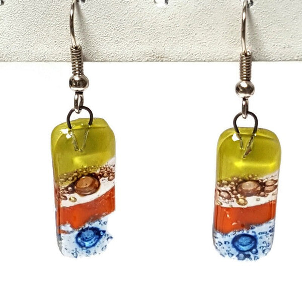 Small bar rectangle Dangle Earrings Recycled Glass. Fused drop Glass blue, brown, light green and orange coloful drop earrings.