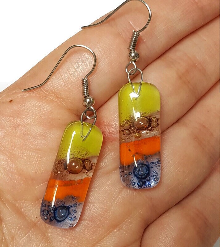 Small bar rectangle Dangle Earrings Recycled Glass. Fused drop Glass blue, brown, light green and orange coloful drop earrings.