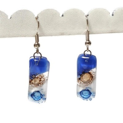 Small bar rectangle Dangle Earrings Recycled Glass. Fused drop Glass blue, brown and white drop earrings.