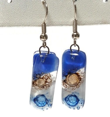 Small bar rectangle Dangle Earrings Recycled Glass. Fused drop Glass blue, brown and white drop earrings.