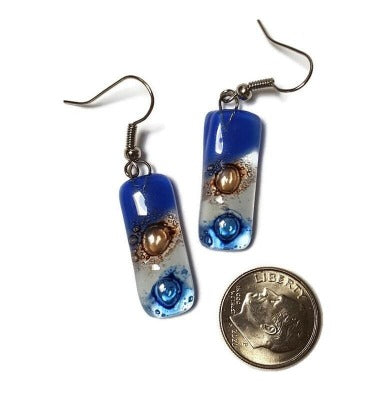 Small bar rectangle Dangle Earrings Recycled Glass. Fused drop Glass blue, brown and white drop earrings.