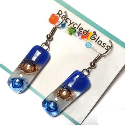 Small bar rectangle Dangle Earrings Recycled Glass. Fused drop Glass blue, brown and white drop earrings.