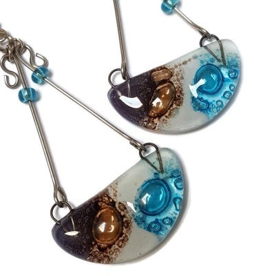Fused Glass Chandelier Earrings . Purple, turquoise and  White and Brown long handmade drop dangle Recycled