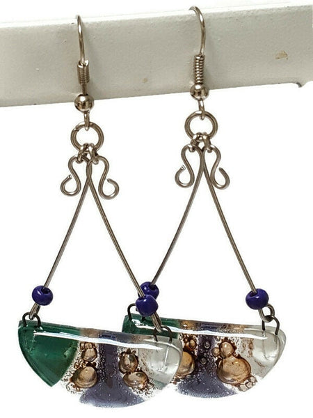 Fused Glass Chandelier Earrings. Purple, Teal  White and Brown Long handcrafted elegant drop dangle earrings