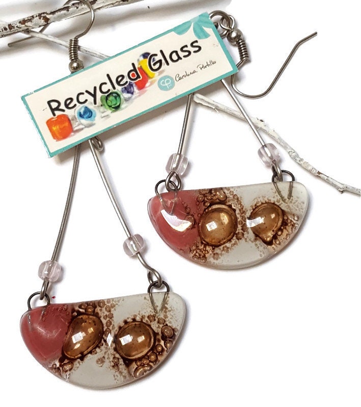 Fused Glass Chandelier Earrings . Pink White and Brown long handmade drop dangle Recycled