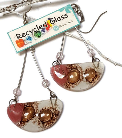 Fused Glass Chandelier Earrings . Pink White and Brown long handmade drop dangle Recycled