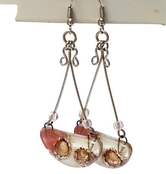 Fused Glass Chandelier Earrings . Pink White and Brown long handmade drop dangle Recycled