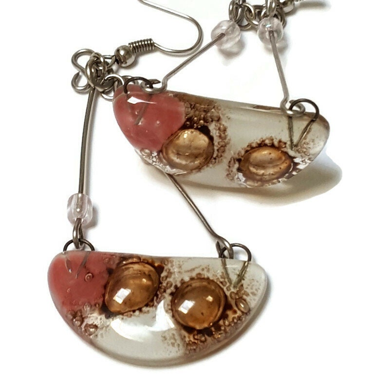 Fused Glass Chandelier Earrings . Pink White and Brown long handmade drop dangle Recycled