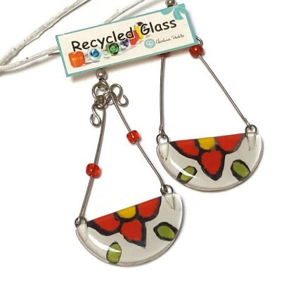Long colorful handmade recycled fused glass earrings. White with a red flower! Frida Colors, Chandelier drop dangle earrings