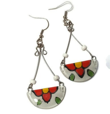Long colorful handmade recycled fused glass earrings. White with a red flower! Frida Colors, Chandelier drop dangle earrings