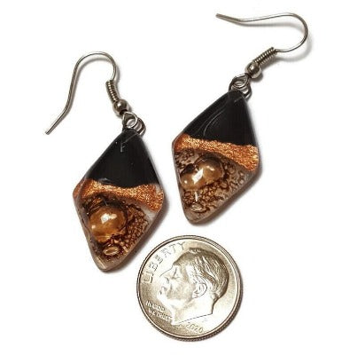 Fused glass Dangle Earrings. Black, copper and Brown Diamond Shaped Earrings. Recycled Glass Drop Earrings, long earrings. Gift under 20