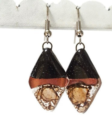 Fused glass Dangle Earrings. Black, copper and Brown Diamond Shaped Earrings. Recycled Glass Drop Earrings, long earrings.