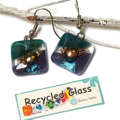 Purple, Brown, Teal and turquoise Square fused glass dangle earrings. Handmade recycled Glass beads. Drop Earrings