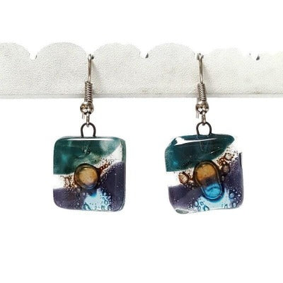 Purple, Brown, Teal and turquoise Square fused glass dangle earrings. Handmade recycled Glass beads. Drop Earrings