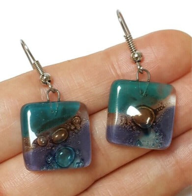 Purple, Brown, Teal and turquoise Square fused glass dangle earrings. Handmade recycled Glass beads. Drop Earrings