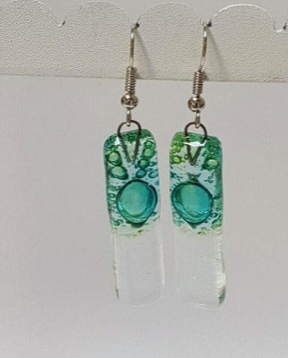 Green bars... Lots of  bubbles. Transparent clear glass drop earrings . Recycled Fused Glass Dangling earrings