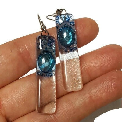 Blue bars... Lots of  bubbles. Recycled Fused Glass Dangling earrings. Clear, Transparent glass drop earrings. Beach jewelry