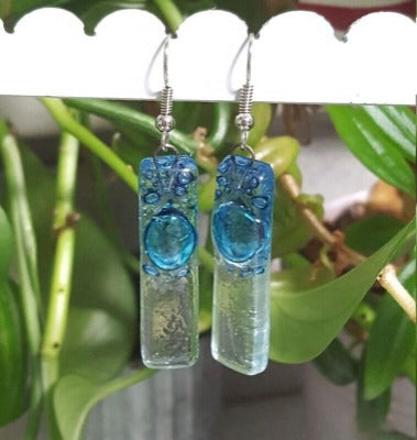 Blue bars... Lots of  bubbles. Recycled Fused Glass Dangling earrings. Clear, Transparent glass drop earrings. Beach jewelry