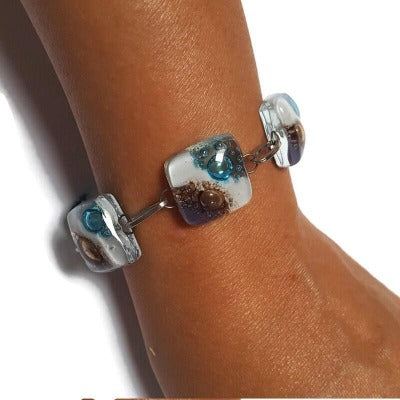 Recycled Fused Glass Bracelet, white, lilac, brown and turquoise. Handmade bracelet one size fits most!