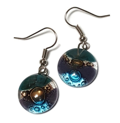 Purple, brown, teal and turquoise round dangle Fused Glass Drop Earrings. Everyday earrings. Handcrafted beads and charms.