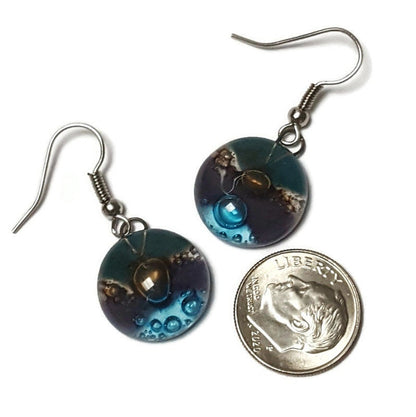 Purple, brown, teal and turquoise round dangle Fused Glass Drop Earrings. Everyday earrings. Handcrafted beads and charms.