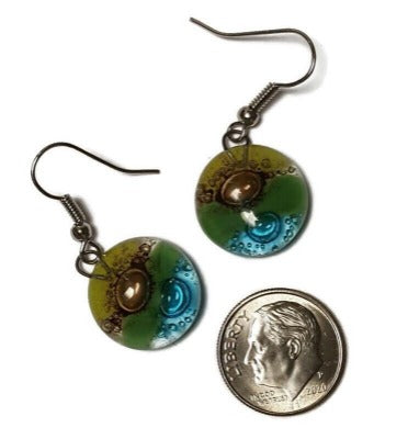 Green, brown, and turquoise round dangle Fused Glass Drop Earrings. Fun colors. Everyday earrings. Handcrafted beads and charms