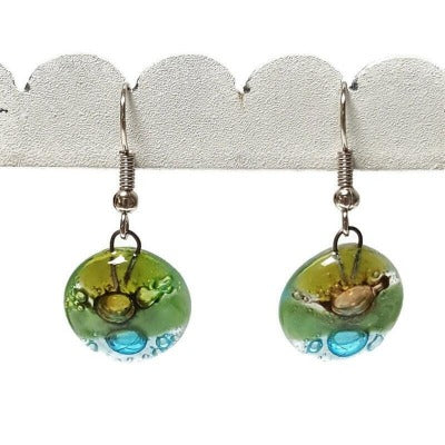 Green, brown, and turquoise round dangle Fused Glass Drop Earrings. Fun colors. Everyday earrings. Handcrafted beads and charms