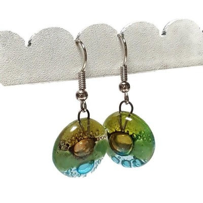 Green, brown, and turquoise round dangle Fused Glass Drop Earrings. Fun colors. Everyday earrings. Handcrafted beads and charms