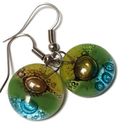 Green, brown, and turquoise round dangle Fused Glass Drop Earrings. Fun colors. Everyday earrings. Handcrafted beads and charms