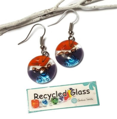 Orange, brown, purple and turquoise round dangle Fused Glass Drop Earrings. Fun colors. Everyday earrings. Handcrafted beads and charms