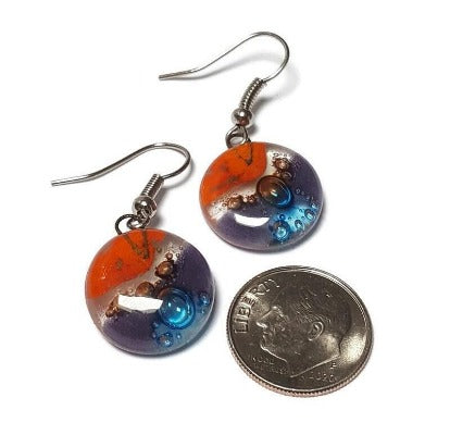 Orange, brown, purple and turquoise round dangle Fused Glass Drop Earrings. Fun colors. Everyday earrings. Handcrafted beads and charms