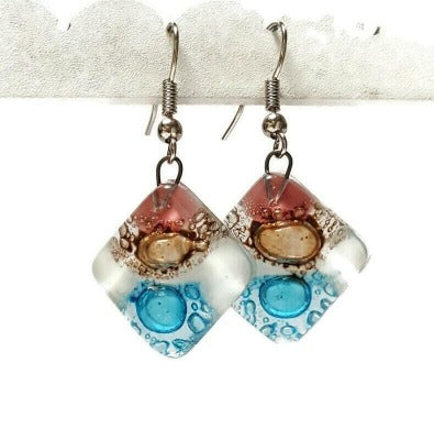 Pink, Brown, white and turquoise Square fused glass dangle earrings. Handmade recycled Glass beads. Drop Earrings
