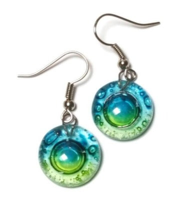 Blue, green and turquoise round dangle Fused Glass Drop Earrings. Fun colors jewelry. Everyday earrings. Handcrafted beads and charms.
