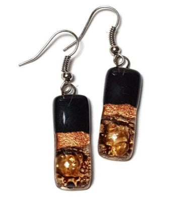 Small bar rectangle Dangle Earrings Recycled Glass. Fused drop Glass. Black, copper anf brown drop earrings.