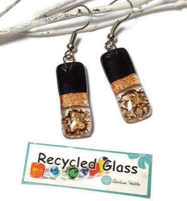 Small bar rectangle Dangle Earrings Recycled Glass. Fused drop Glass. Black, copper anf brown drop earrings.