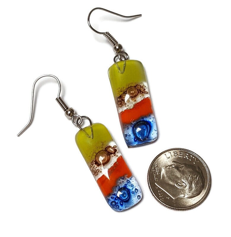 Small bar rectangle Dangle Earrings Recycled Glass. Fused drop Glass blue, brown, light green and orange coloful drop earrings.