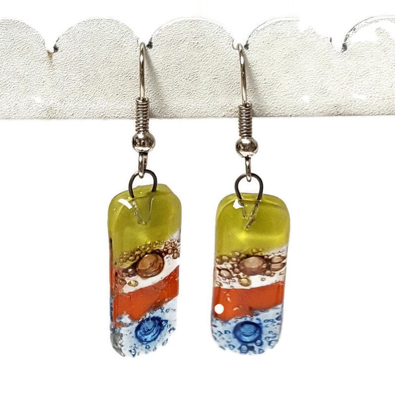 Small bar rectangle Dangle Earrings Recycled Glass. Fused drop Glass blue, brown, light green and orange coloful drop earrings.