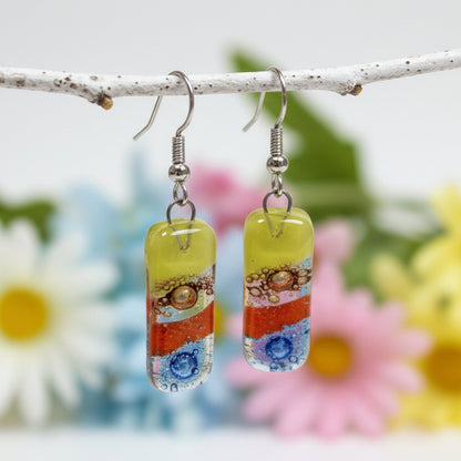 Small bar rectangle Dangle Earrings Recycled Glass. Fused drop Glass blue, brown, light green and orange coloful drop earrings.