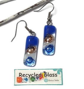 Small bar rectangle Dangle Earrings Recycled Glass. Fused drop Glass blue, brown and white drop earrings.