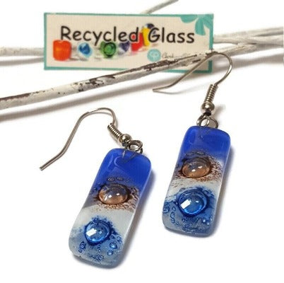 Small bar rectangle Dangle Earrings Recycled Glass. Fused drop Glass blue, brown and white drop earrings.