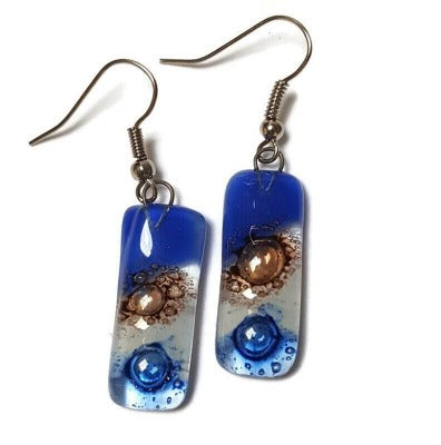 Small bar rectangle Dangle Earrings Recycled Glass. Fused drop Glass blue, brown and white drop earrings.