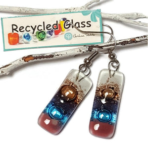 Small bar rectangle Dangle Earrings Recycled Glass. Fused Glass Pink, turquoise, purple, brown and white drop earrings.