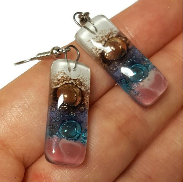 Small bar rectangle Dangle Earrings Recycled Glass. Fused Glass Pink, turquoise, purple, brown and white drop earrings.
