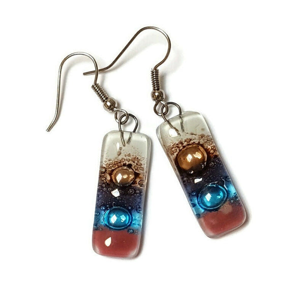 Small bar rectangle Dangle Earrings Recycled Glass. Fused Glass Pink, turquoise, purple, brown and white drop earrings.