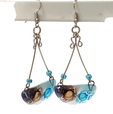 Fused Glass Chandelier Earrings . Purple, turquoise and  White and Brown long handmade drop dangle Recycled