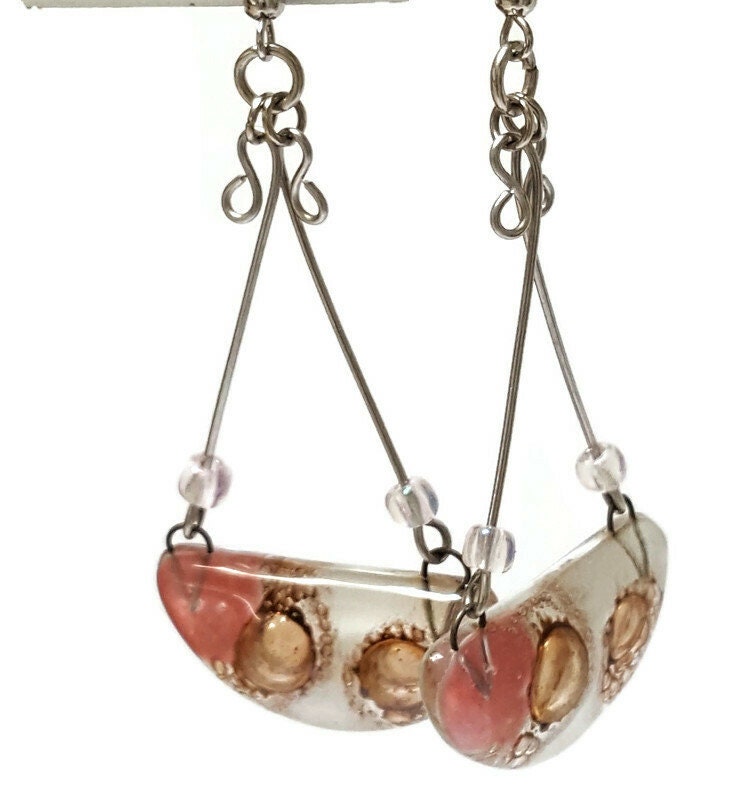 Fused Glass Chandelier Earrings . Pink White and Brown long handmade drop dangle Recycled