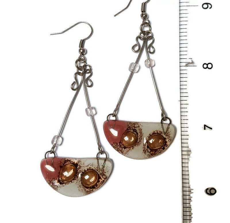 Fused Glass Chandelier Earrings . Pink White and Brown long handmade drop dangle Recycled