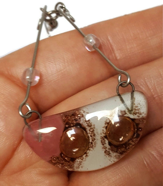 Fused Glass Chandelier Earrings . Pink White and Brown long handmade drop dangle Recycled